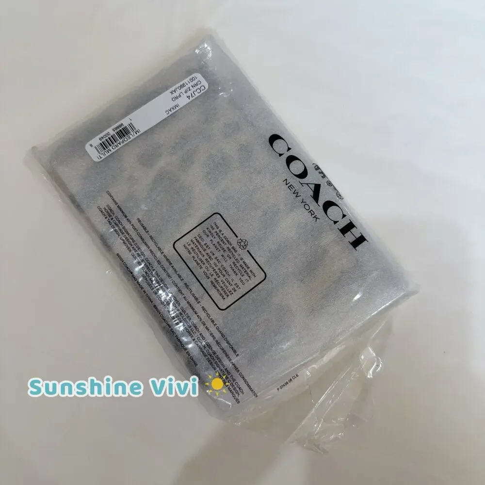 NWT Coach Corner Zip Leather Wristlet With Leopard Print GOLD CCJ74